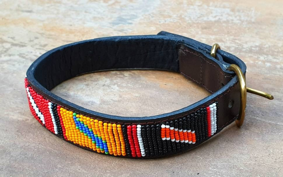 17&quot;-20&quot; Maasai beaded dog collar,Kenya beaded dog collar, Leather dog collar - Kenyan Crafts Company